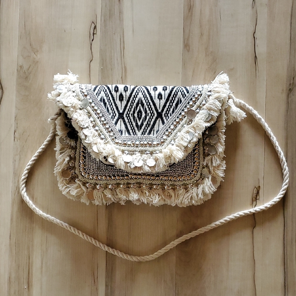 Antik Kraft Black and Cream Beaded Boho Fringe Bag - Picture 4 of 9